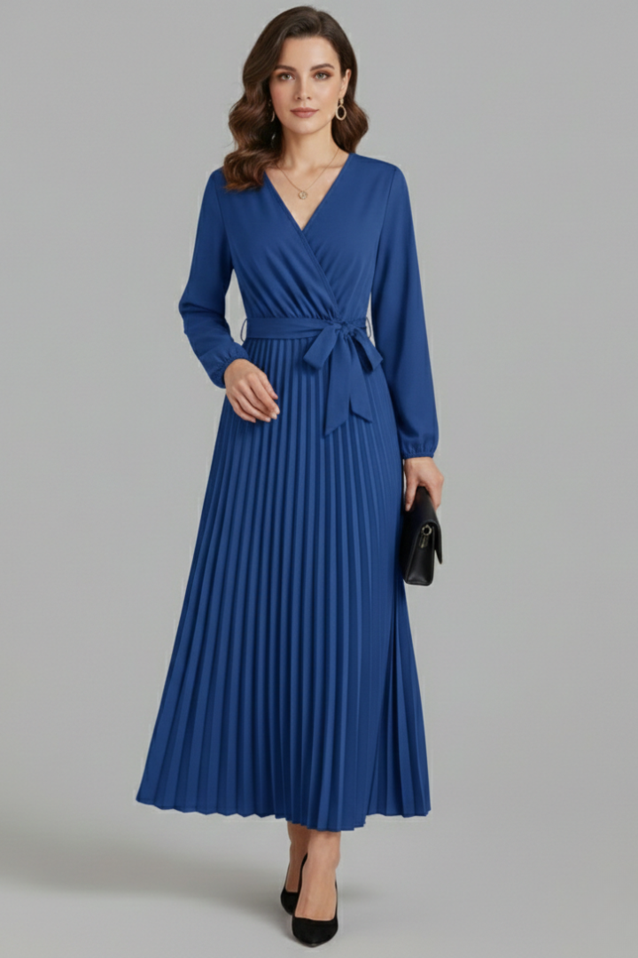 Women's Pleated Skirt | V-Neck Maxi Tie Waist Long Sleeve