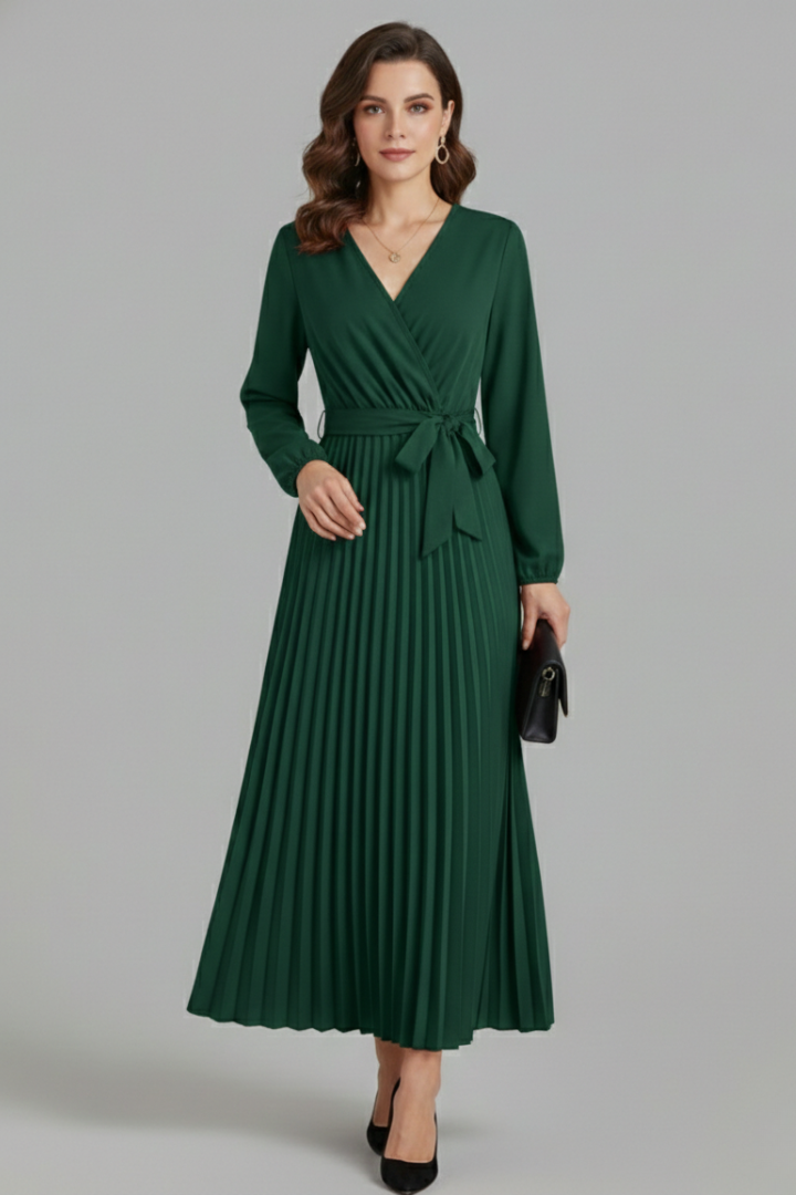 Women's Pleated Skirt | V-Neck Maxi Tie Waist Long Sleeve