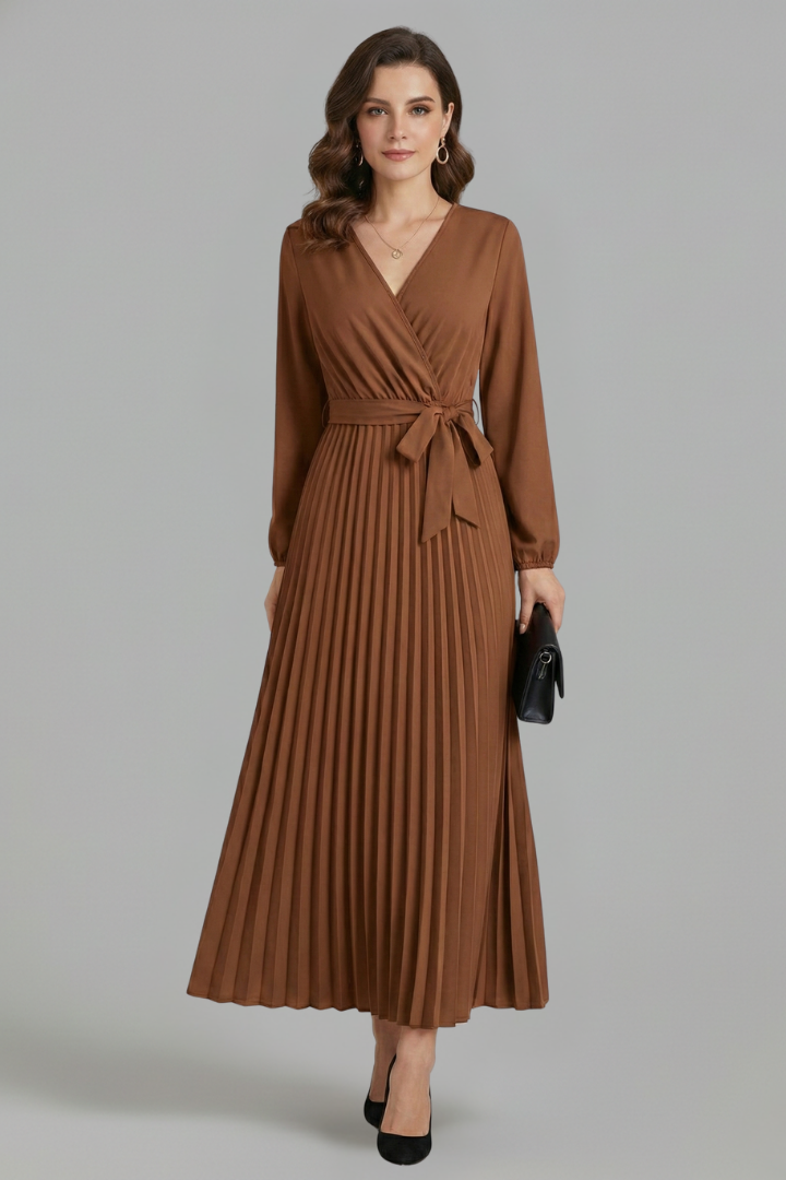 Women's Pleated Skirt | V-Neck Maxi Tie Waist Long Sleeve