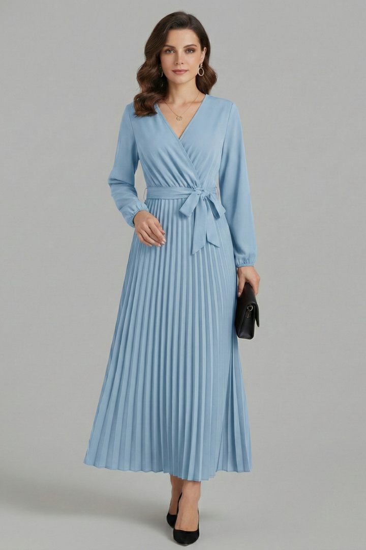 Women's Pleated Skirt | V-Neck Maxi Tie Waist Long Sleeve