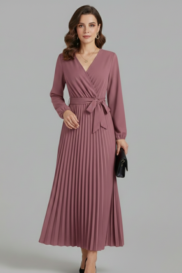 Women's Pleated Skirt | V-Neck Maxi Tie Waist Long Sleeve