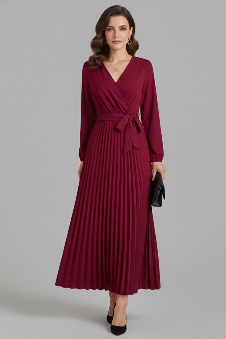 Women's Pleated Skirt | V-Neck Maxi Tie Waist Long Sleeve