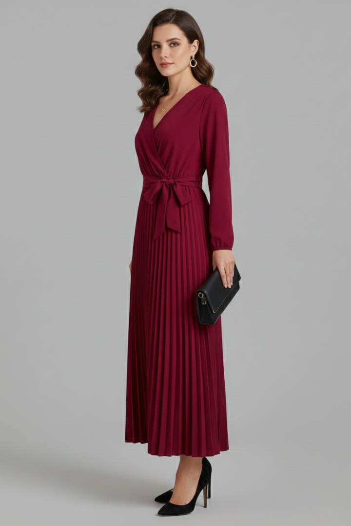 Women's Pleated Skirt | V-Neck Maxi Tie Waist Long Sleeve