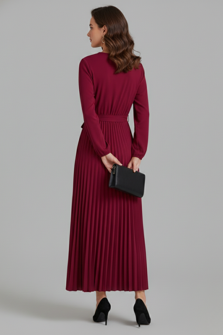 Women's Pleated Skirt | V-Neck Maxi Tie Waist Long Sleeve