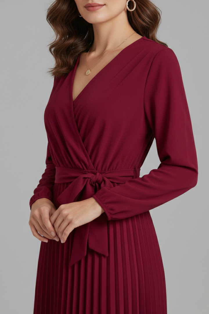 Women's Pleated Skirt | V-Neck Maxi Tie Waist Long Sleeve