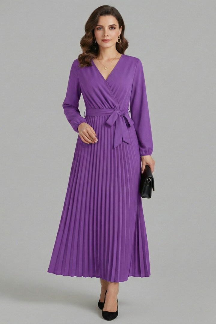 Women's Pleated Skirt | V-Neck Maxi Tie Waist Long Sleeve