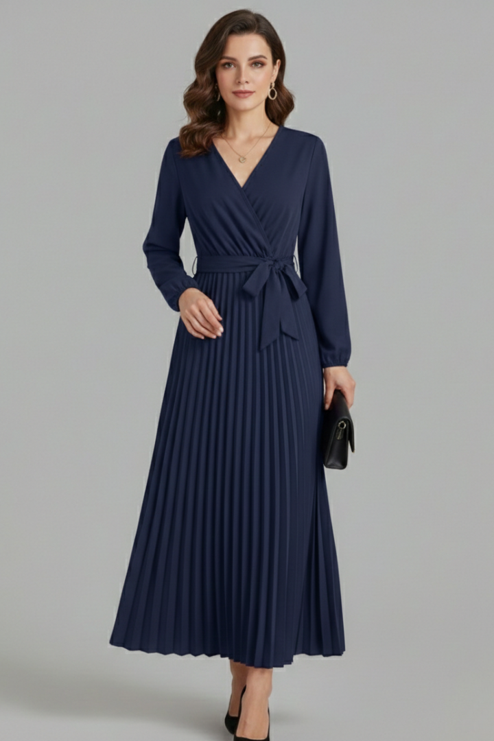 Women's Pleated Skirt | V-Neck Maxi Tie Waist Long Sleeve