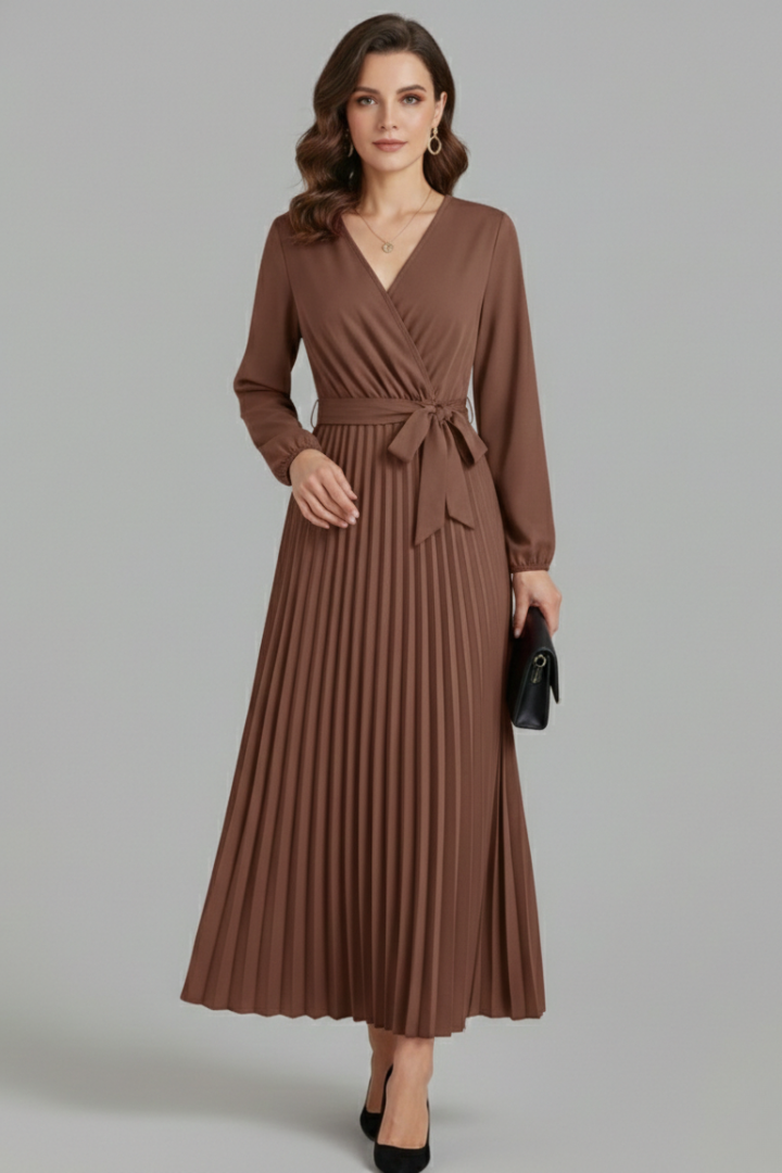 Women's Pleated Skirt | V-Neck Maxi Tie Waist Long Sleeve