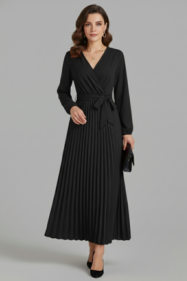 Women's Pleated Skirt | V-Neck Maxi Tie Waist Long Sleeve