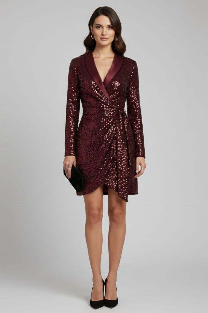 Women's Sequin Dress | Wrap Midi Long Sleeve V-Neck