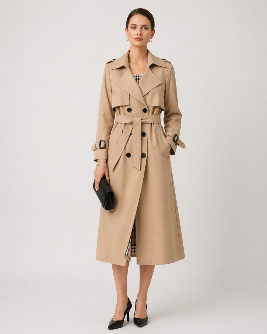 Women's Trench Coat | Double Breasted Belted Notch Collar