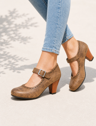 Women's Mary Jane | Brogue Detail Block Heel Buckle Strap