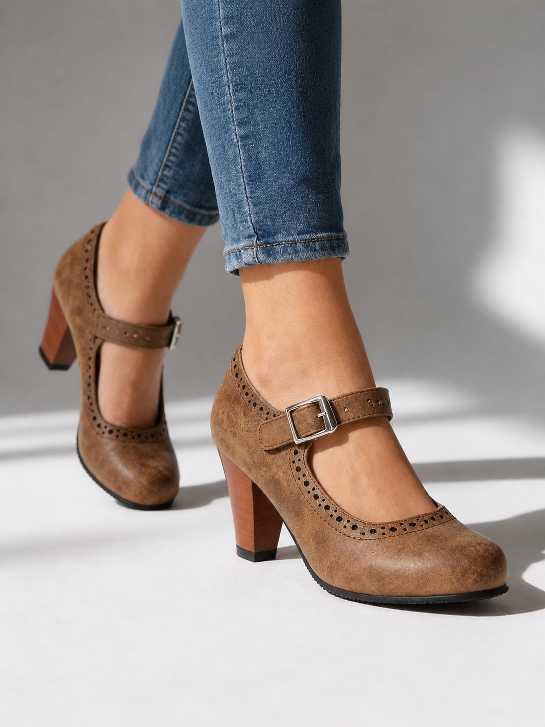 Women's Mary Jane | Brogue Detail Block Heel Buckle Strap