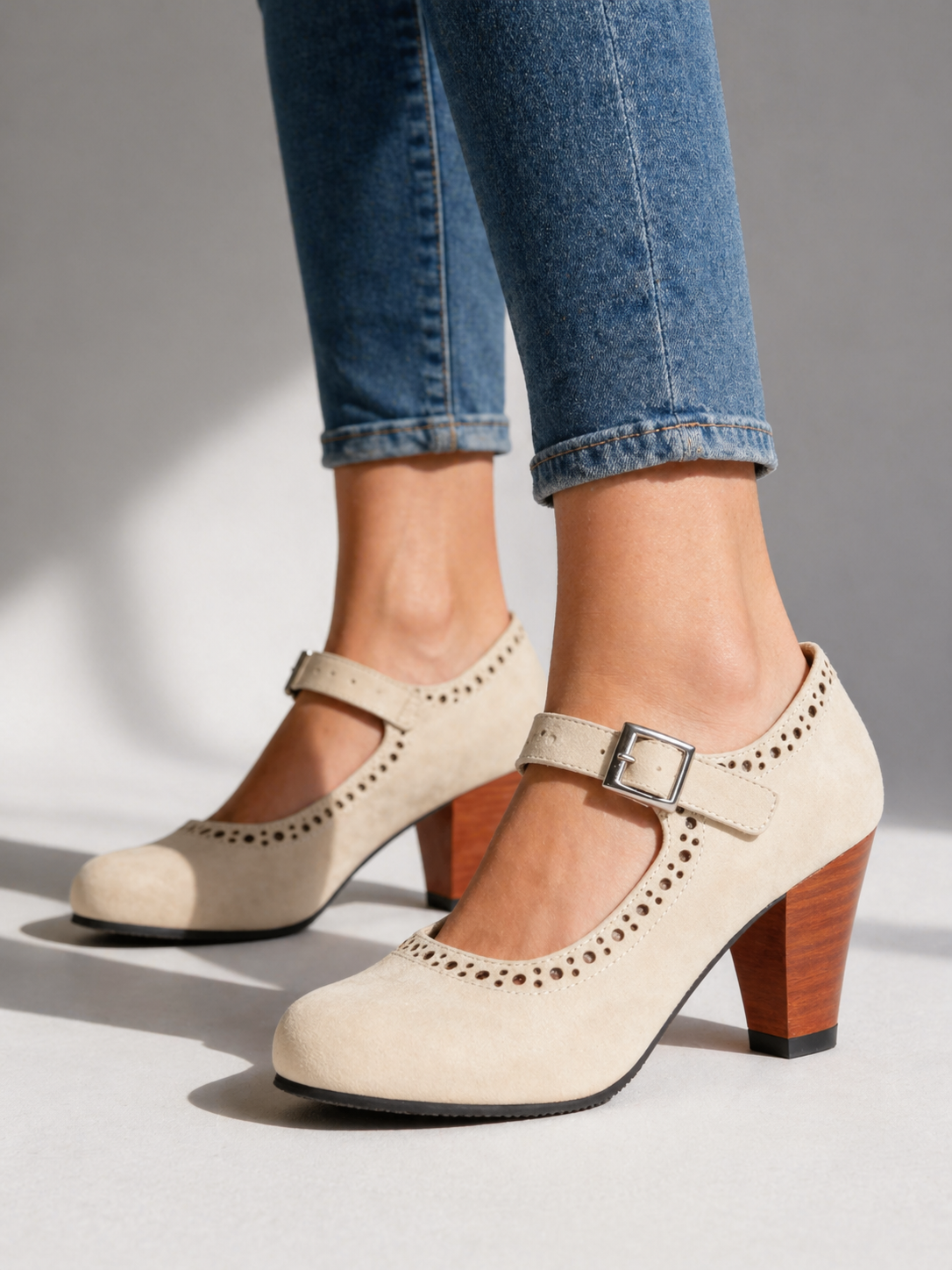 Women's Mary Jane | Brogue Detail Block Heel Buckle Strap