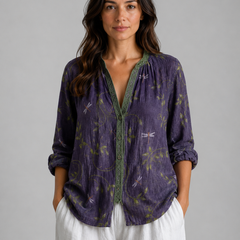 Women's Long Sleeve Top | V-Neck Button Front Relaxed Fit