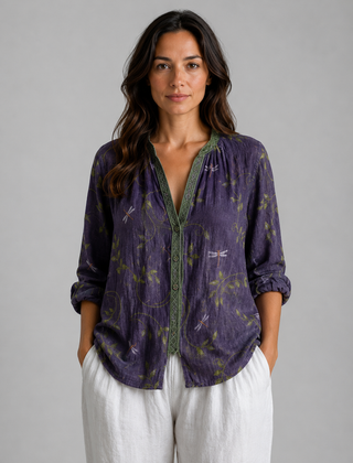 Women's Long Sleeve Top | V-Neck Button Front Relaxed Fit