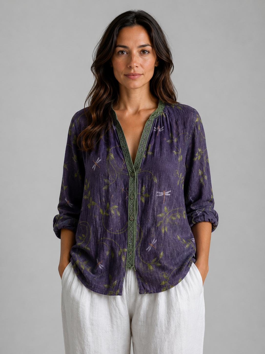 Women's Long Sleeve Top | V-Neck Button Front Relaxed Fit