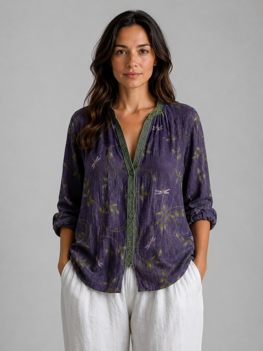 Women's Long Sleeve Top | V-Neck Button Front Relaxed Fit