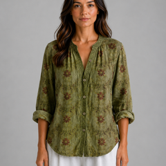 Women's Long Sleeve Top | V-Neck Button Front Relaxed Fit