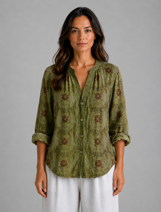 Women's Long Sleeve Top | V-Neck Button Front Relaxed Fit