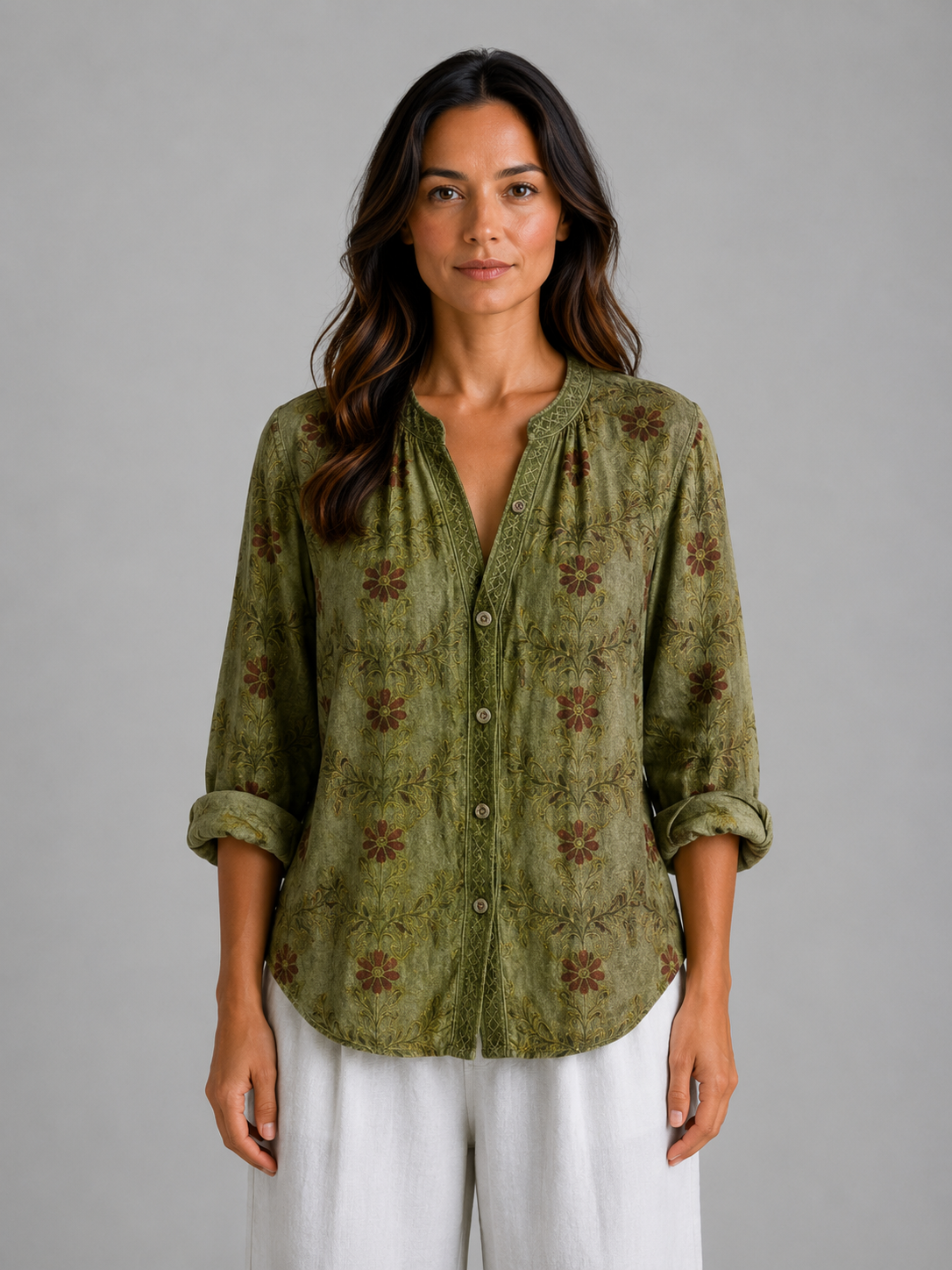 Women's Long Sleeve Top | V-Neck Button Front Relaxed Fit