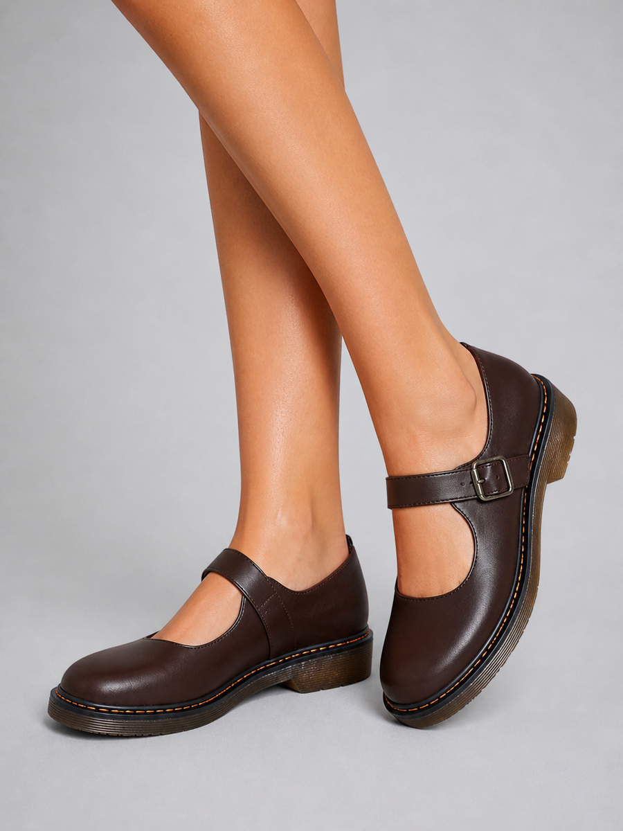 Women's Mary Jane | Rounded Toe Buckle Strap Flat Leather