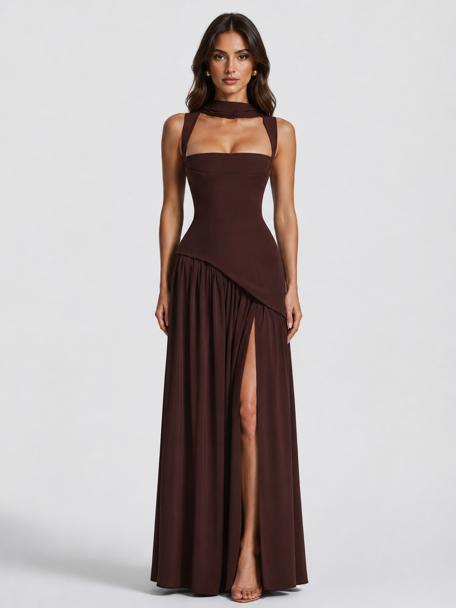 Women's Formal Dress | Maxi Sleeveless Sculpted Draped Slit