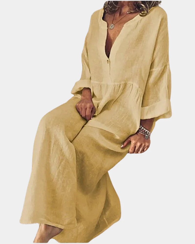 Women's Smart Casual Dress | V-Neck Midi Linen Button-Front