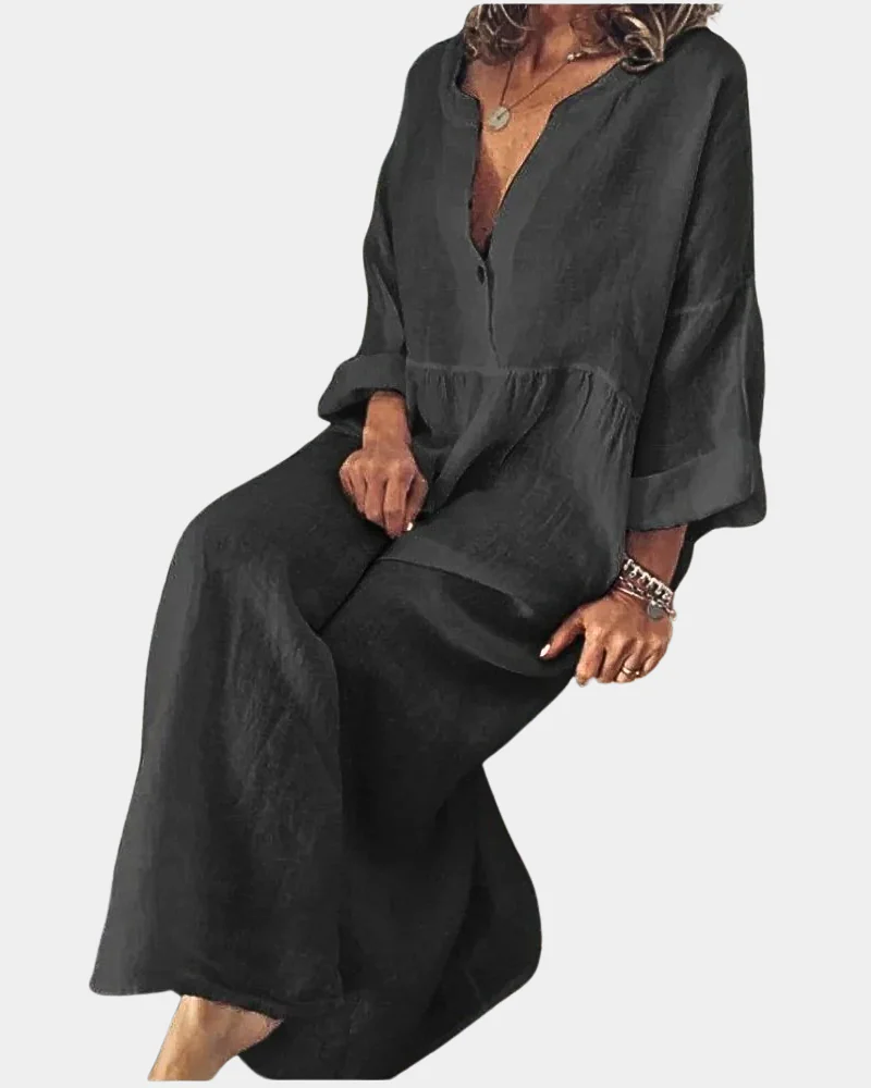 Women's Smart Casual Dress | V-Neck Midi Linen Button-Front
