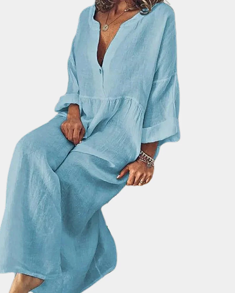 Women's Smart Casual Dress | V-Neck Midi Linen Button-Front