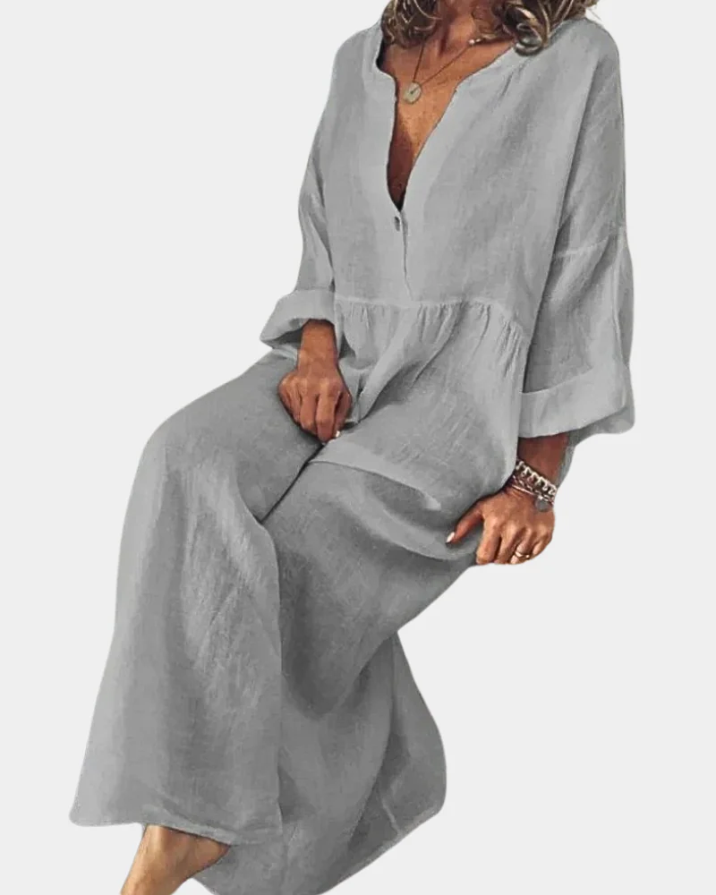 Women's Smart Casual Dress | V-Neck Midi Linen Button-Front