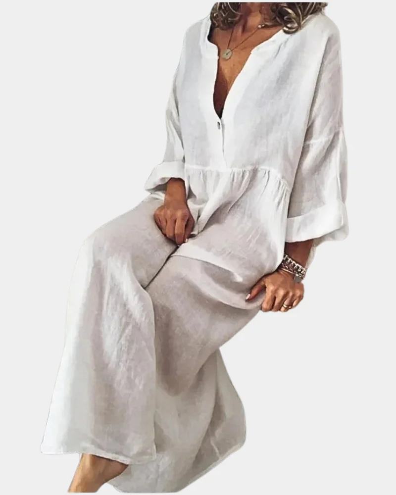 Women's Smart Casual Dress | V-Neck Midi Linen Button-Front