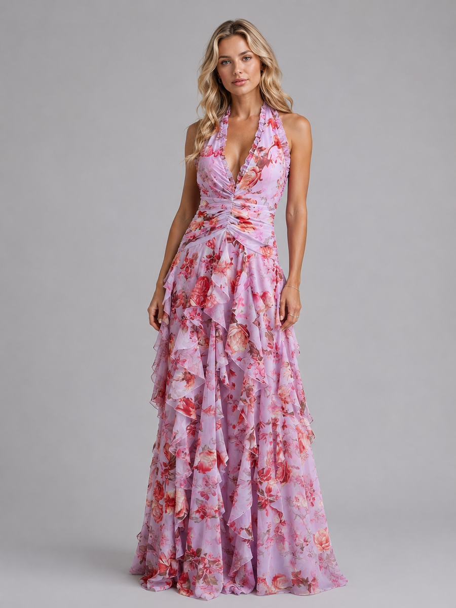 Women's Christmas Dress | Maxi Halter Floral Tiered