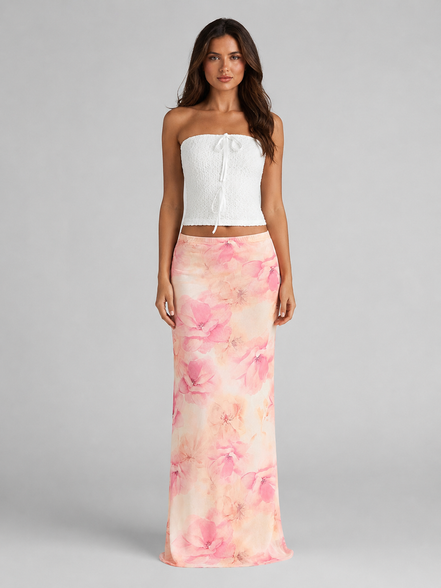 Women's Satin Skirt | Maxi Floral Print Elasticated Waist