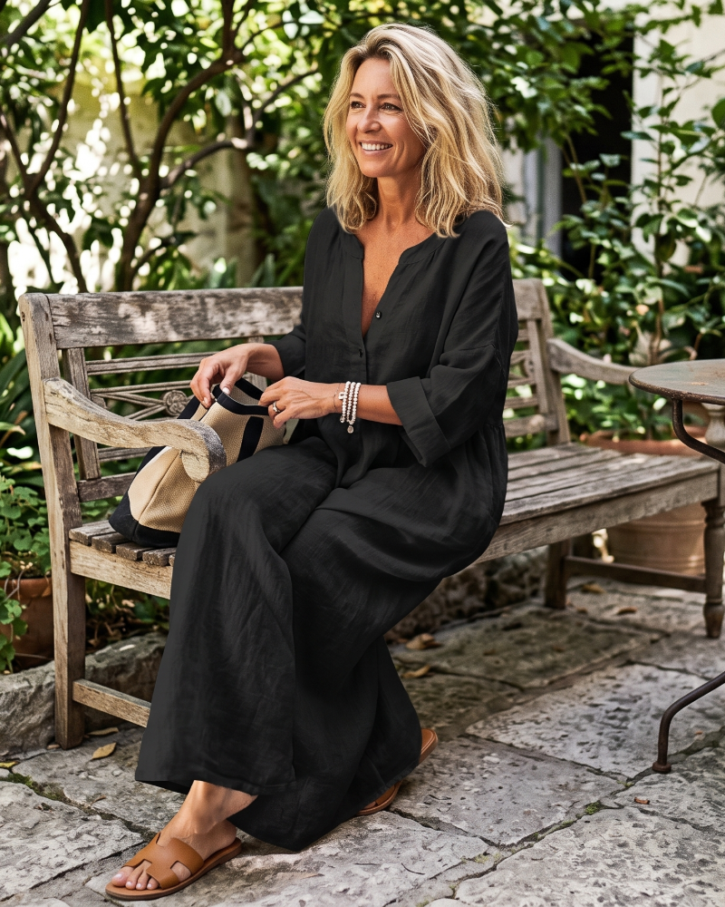 Women's Smart Casual Dress | V-Neck Midi Linen Button-Front