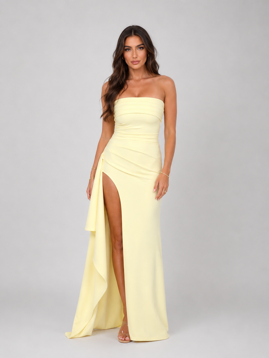 Women's New Year Dress | Maxi Strapless Ruched Thigh Split