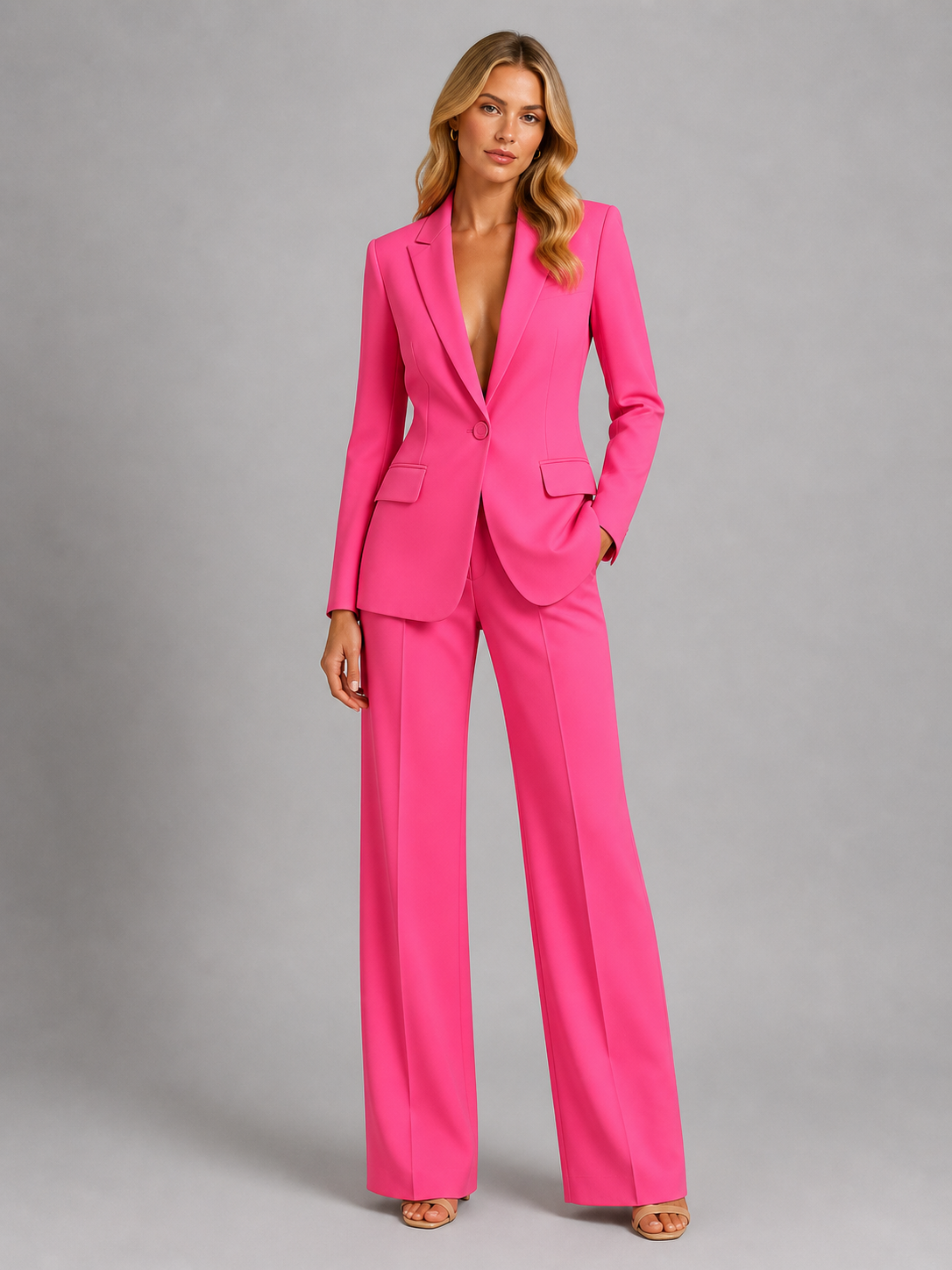 Women's Matching Set | Notched Lapel Blazer Long Sleeve Button Closure Wide Leg