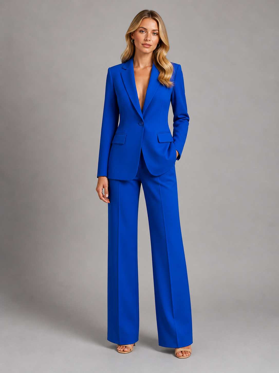 Women's Matching Set | Notched Lapel Blazer Long Sleeve Button Closure Wide Leg