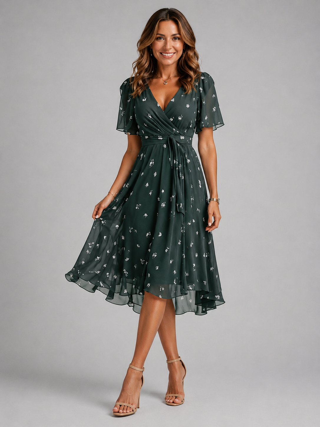 Women's Cocktail Dress | V-Neck Wrap Floral Midi Asymmetric