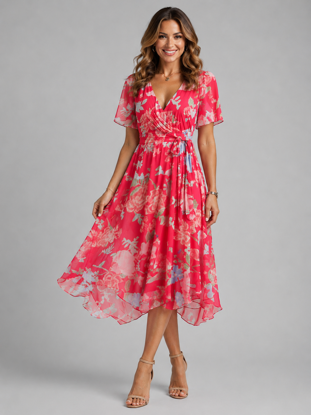 Women's Cocktail Dress | V-Neck Wrap Floral Midi Asymmetric