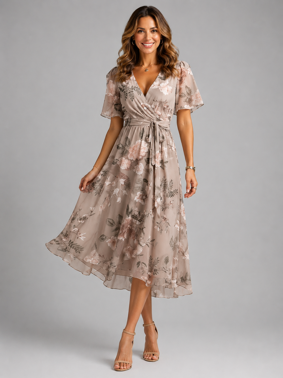 Women's Cocktail Dress | V-Neck Wrap Floral Midi Asymmetric