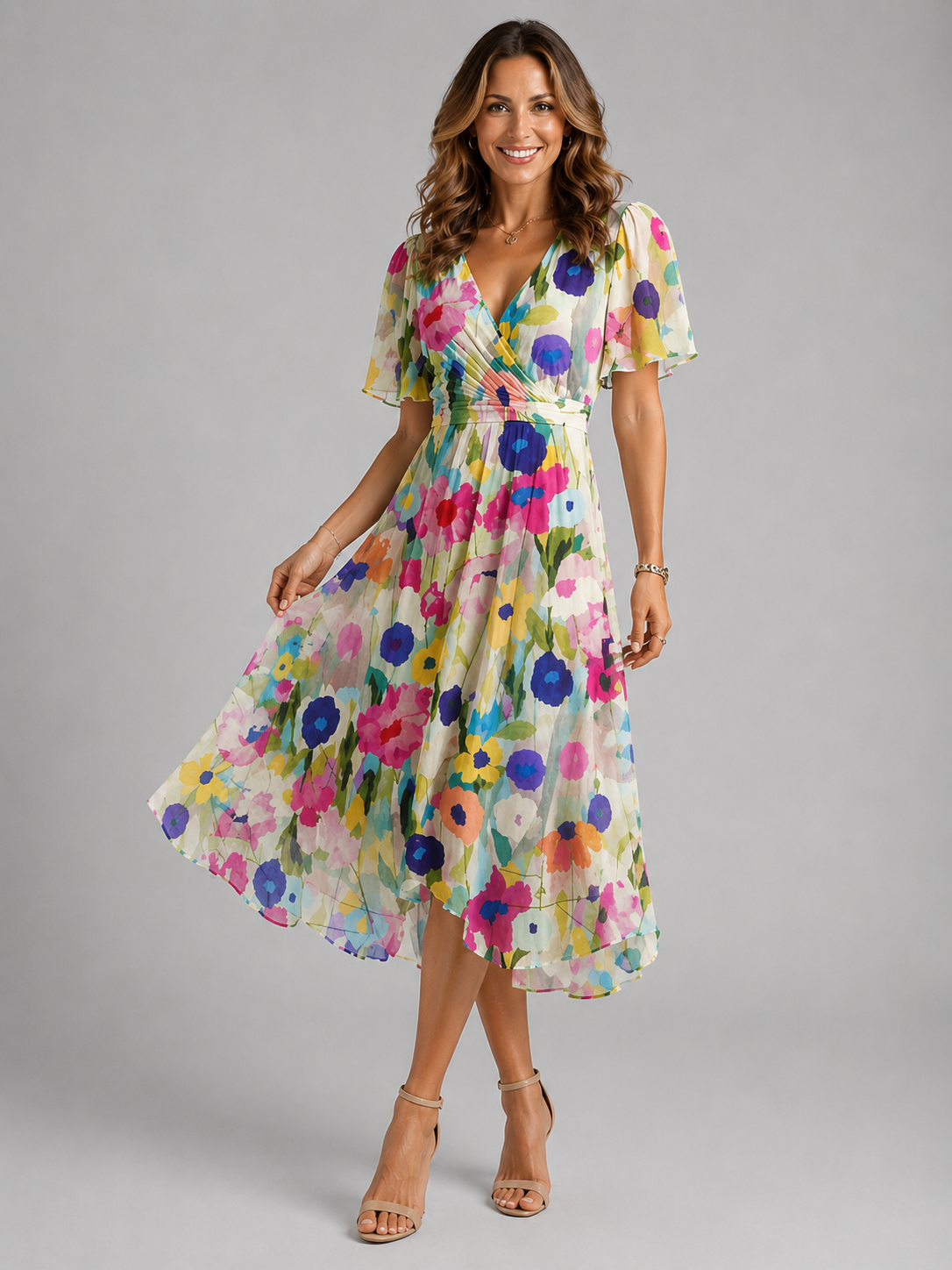 Women's Cocktail Dress | V-Neck Wrap Floral Midi Asymmetric