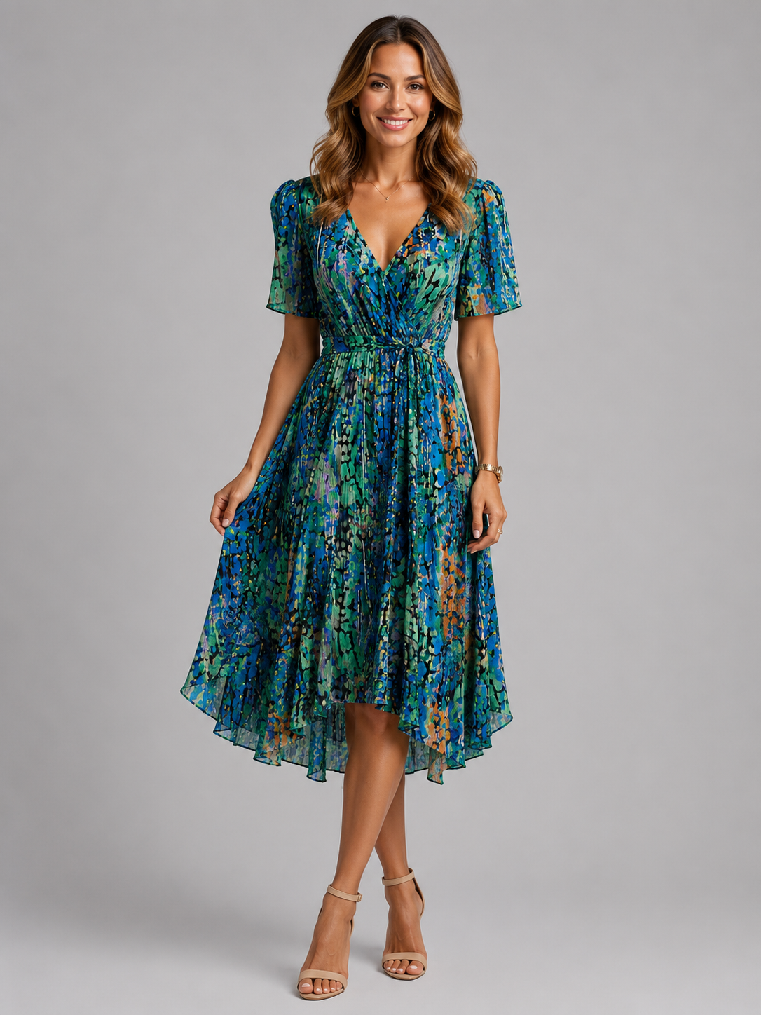 Women's Cocktail Dress | V-Neck Wrap Floral Midi Asymmetric