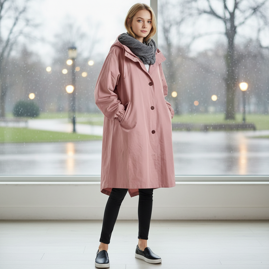 Women's Rain Jacket | Drawstring Hood Fishtail Hem Button Front