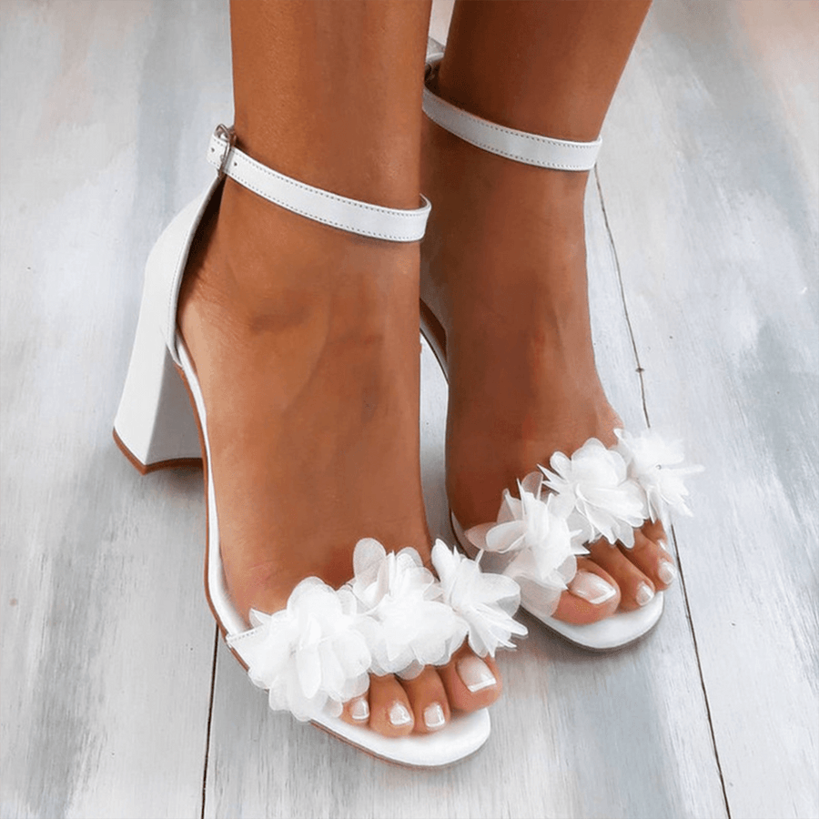Women's Bridal Shoes For Bride | Open Toe Block Heel Ankle Strap Floral