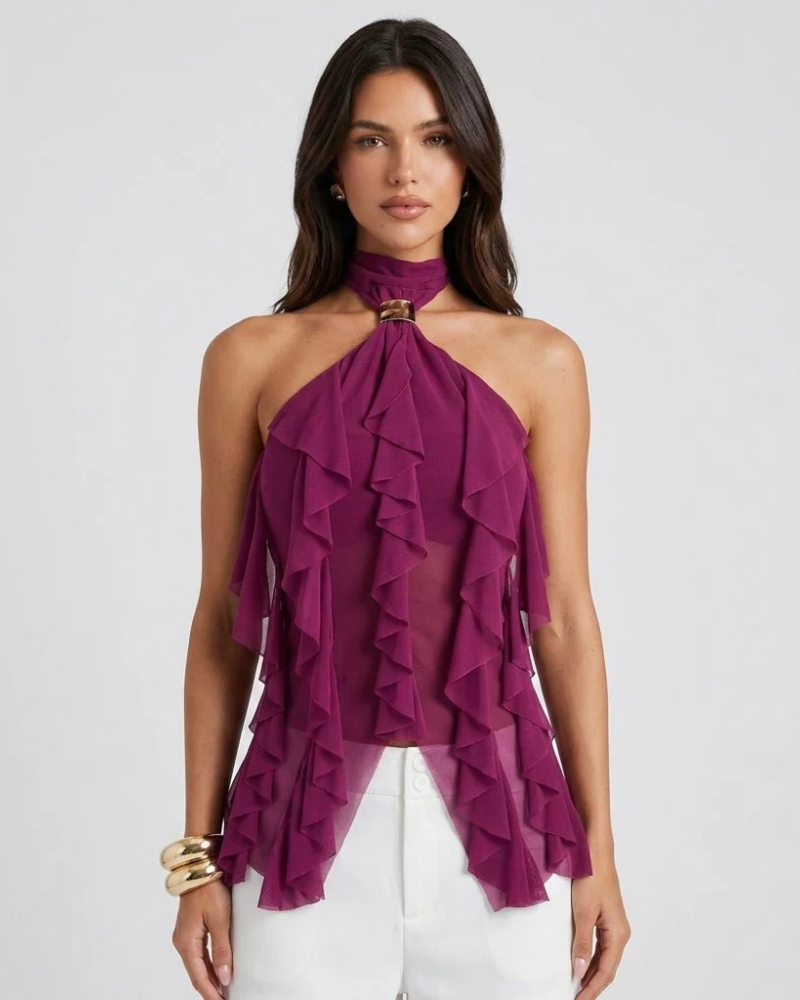 Women's Halter Top | Ruffled Neckline Sleeveless Open Back
