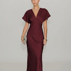 Women's Red Dress | Midi Cowl Neck Short Sleeve