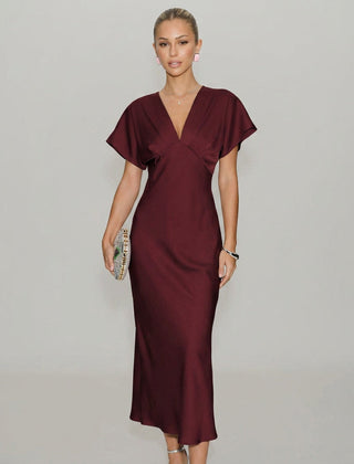 Women's Red Dress | Midi Cowl Neck Short Sleeve