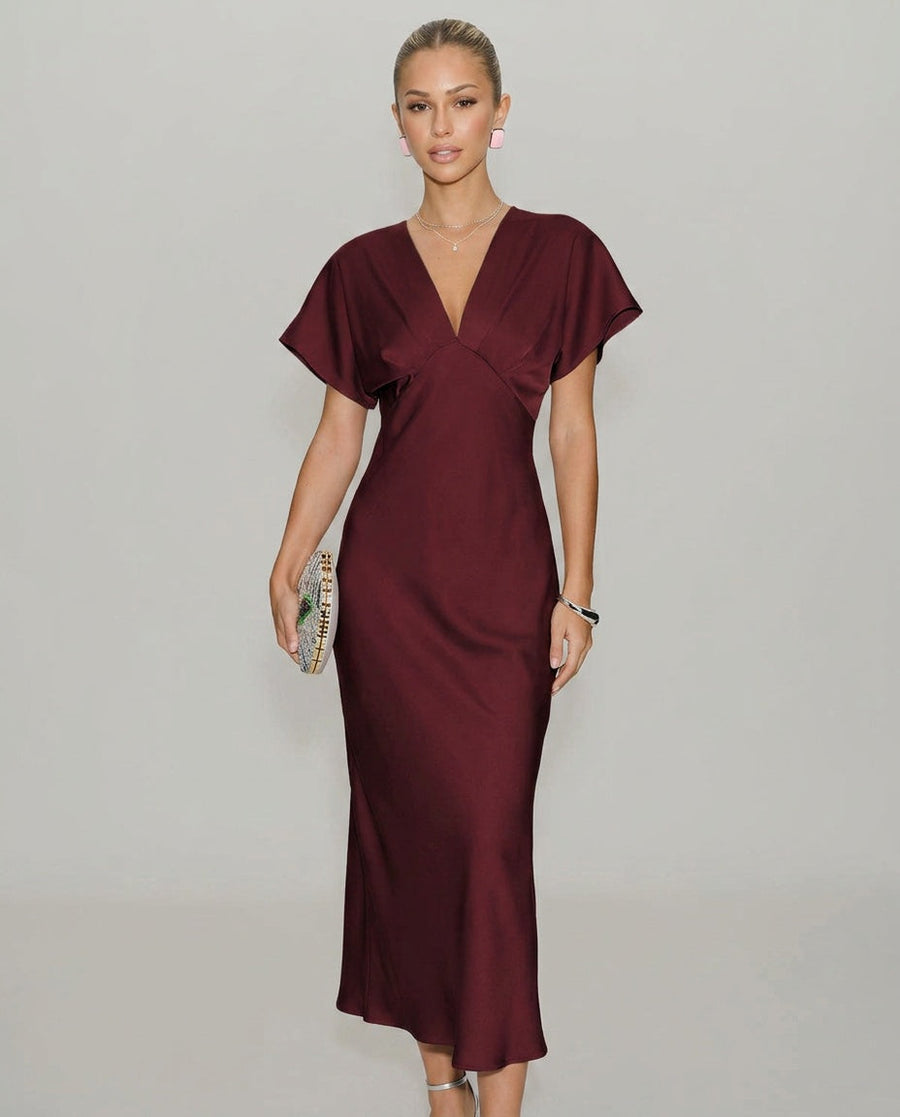 Women's Red Dress | Midi Cowl Neck Short Sleeve