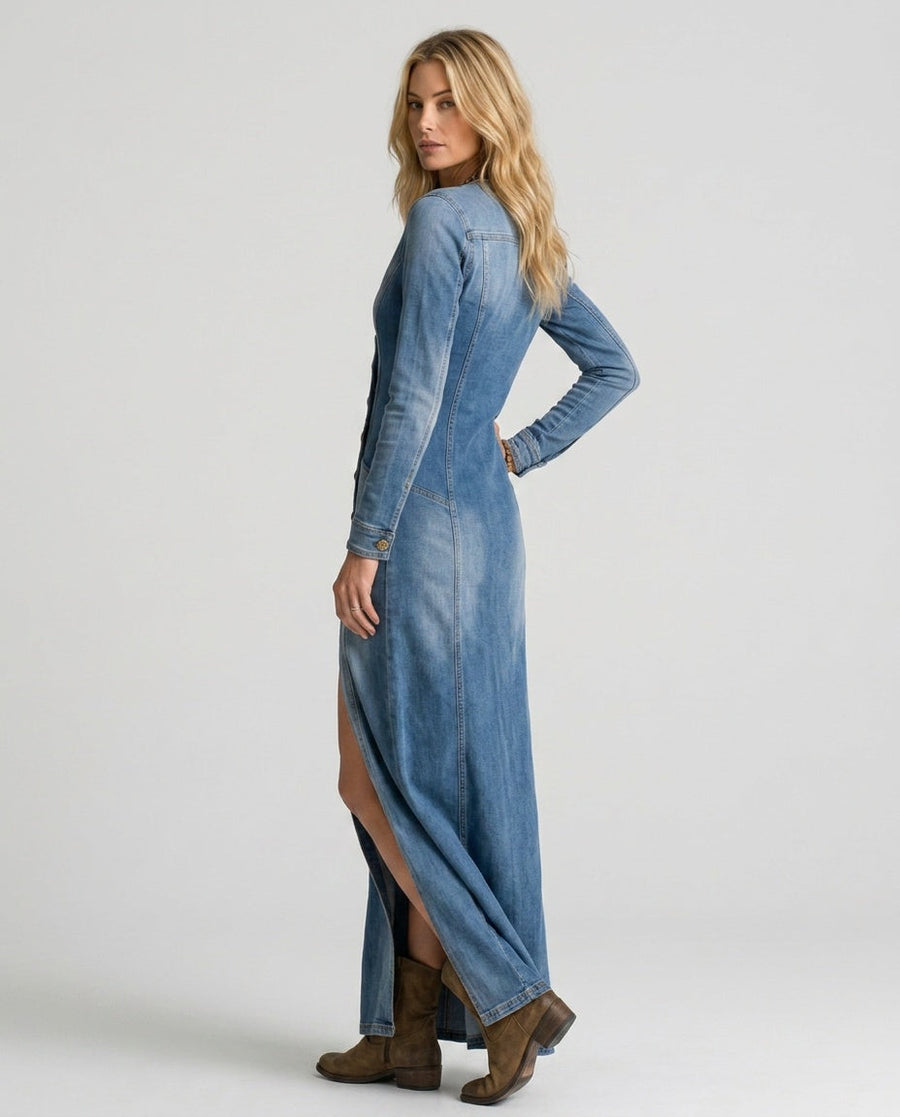 Women's Denim Dress | Maxi V-Neck Button-Front Relaxed